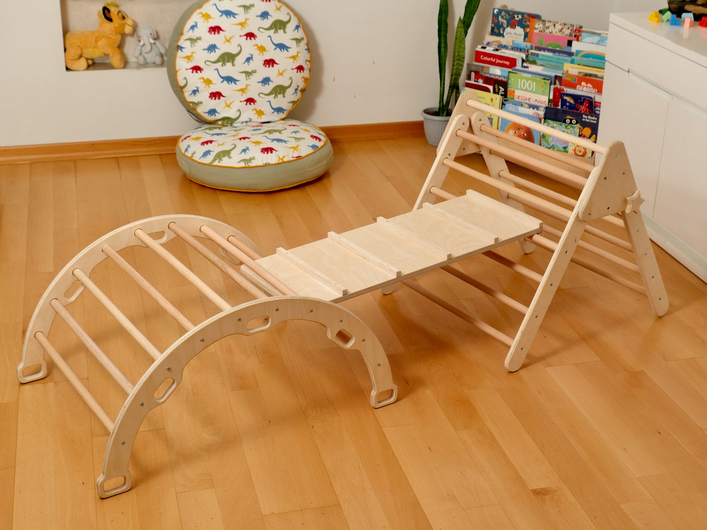 4-Piece Montessori Climbing Set - Triangle, Arch, Reversible Ramp & Cotton Pillow