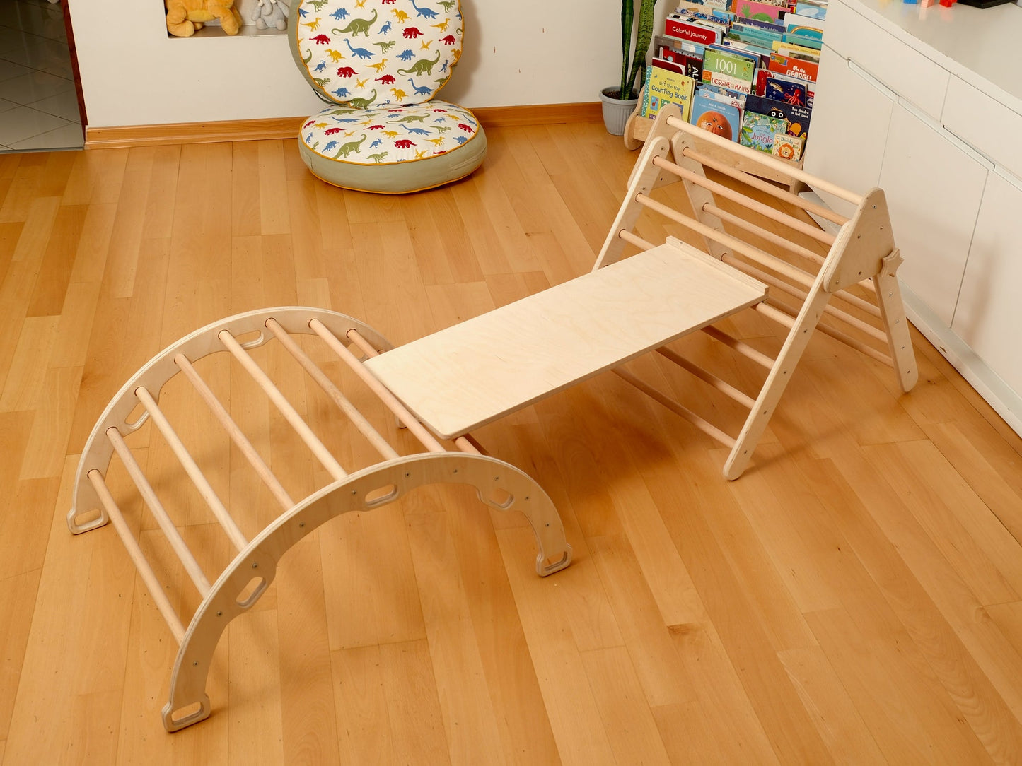 4-Piece Montessori Climbing Set - Triangle, Arch, Reversible Ramp & Cotton Pillow