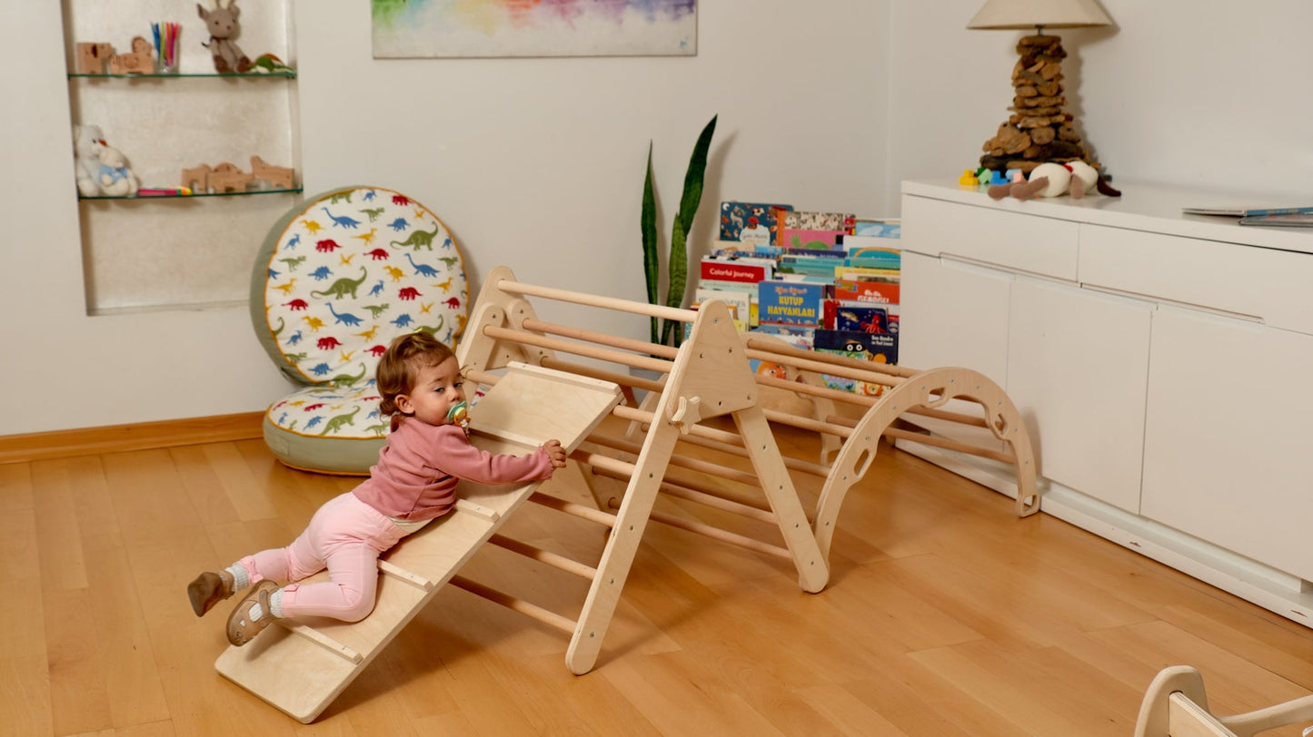4-Piece Montessori Climbing Set - Triangle, Arch, Reversible Ramp & Cotton Pillow