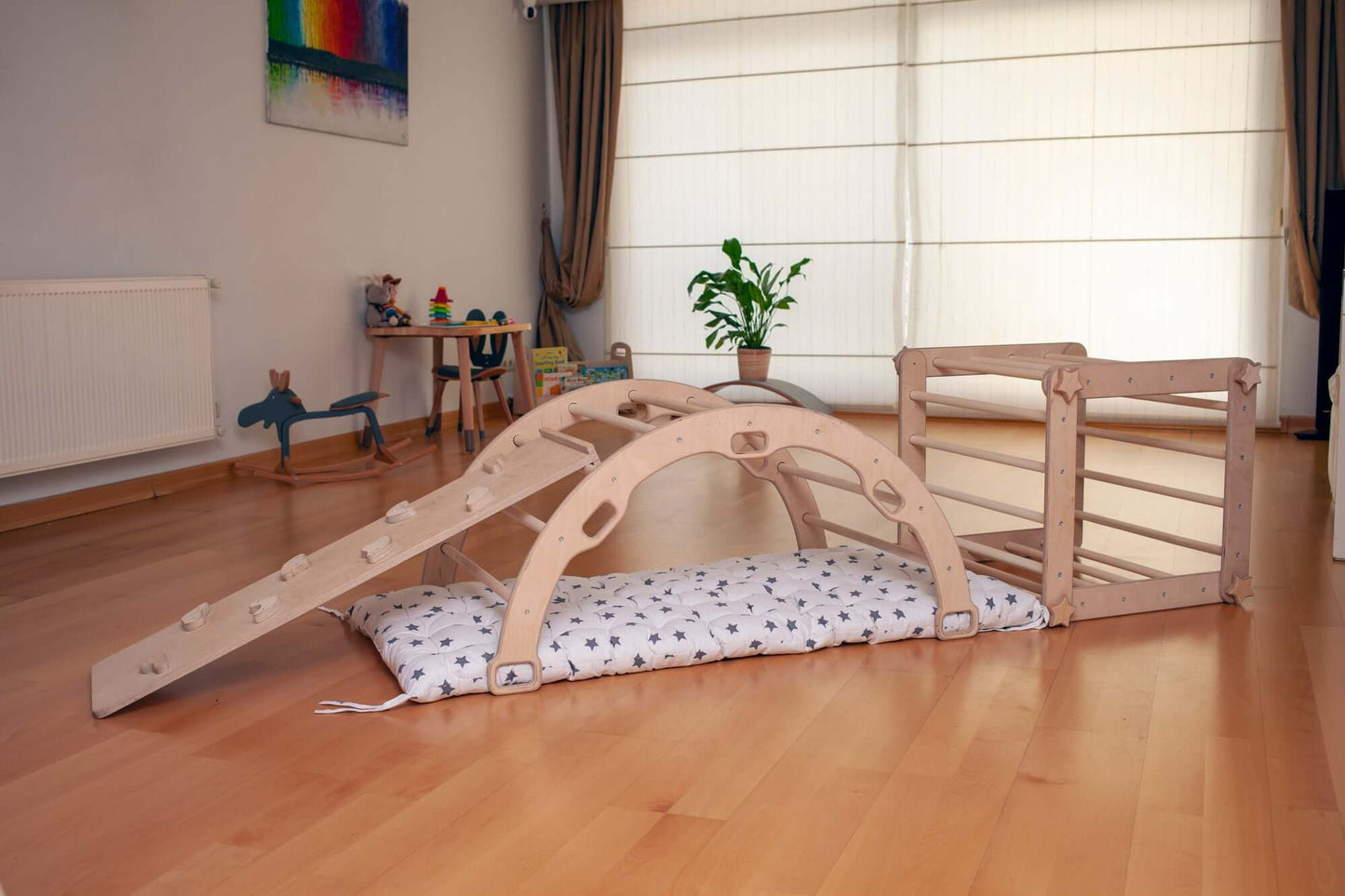 6-Piece Montessori Climbing Set – Triangle, Arch, Transformable Cube, 2 Reversible Ramps & Cotton Pillow