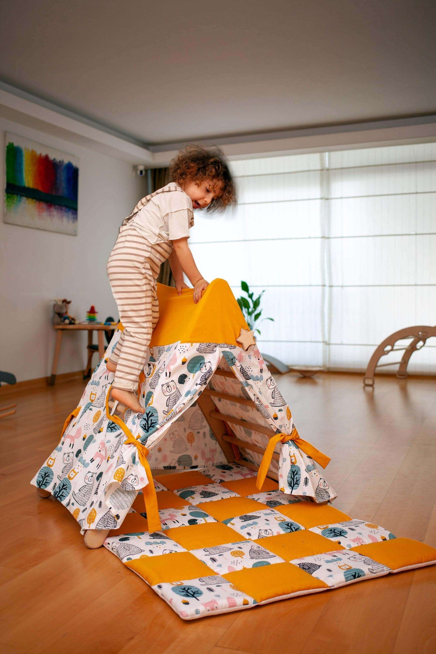 Foldable Montessori Climbing Triangle Set – Includes Tent Cover, Play Mat & Reversible Ramp