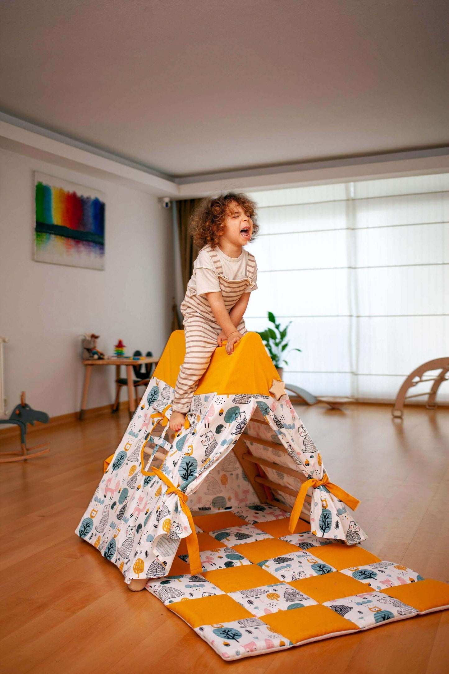 Foldable Montessori Climbing Triangle Set – Includes Tent Cover, Play Mat & Reversible Ramp