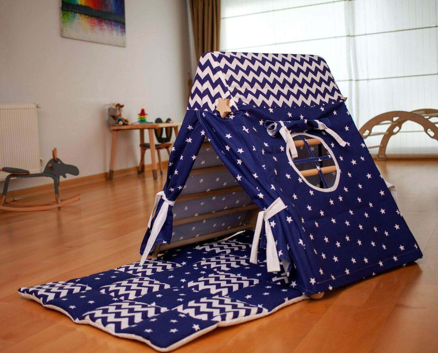 Foldable Montessori Climbing Triangle Set – Includes Tent Cover, Play Mat & Reversible Ramp