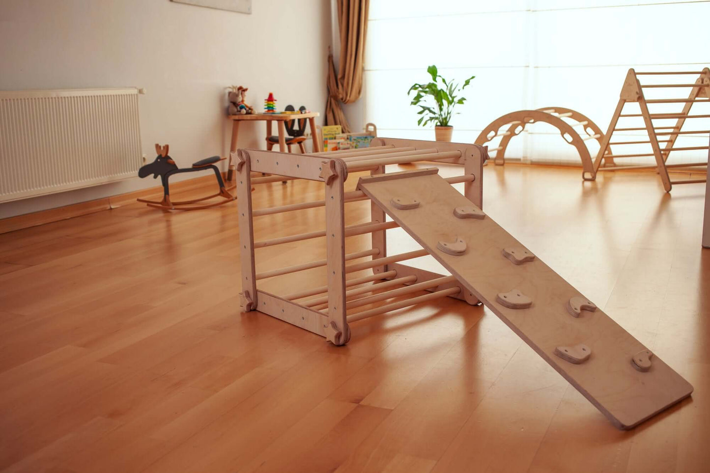 6-Piece Montessori Climbing Set – Triangle, Arch, Transformable Cube, 2 Reversible Ramps & Cotton Pillow